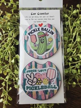 Pickle Ballin Car Coaster Set - Pink & Teal